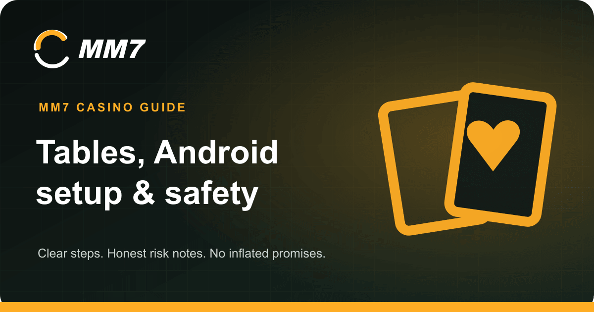 Illustrated MM7 casino guide covering tables, Android setup and safer play